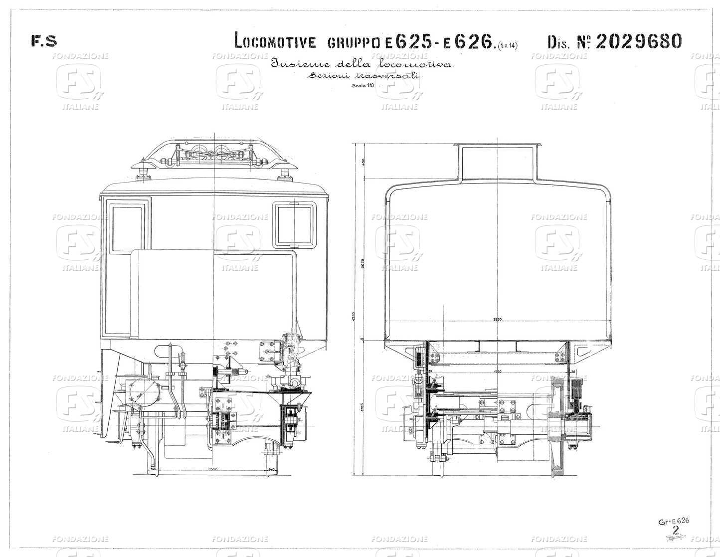 Locomotive gruppo E 625 - E 626. Insieme della locomotiva. Sezioni trasversali.