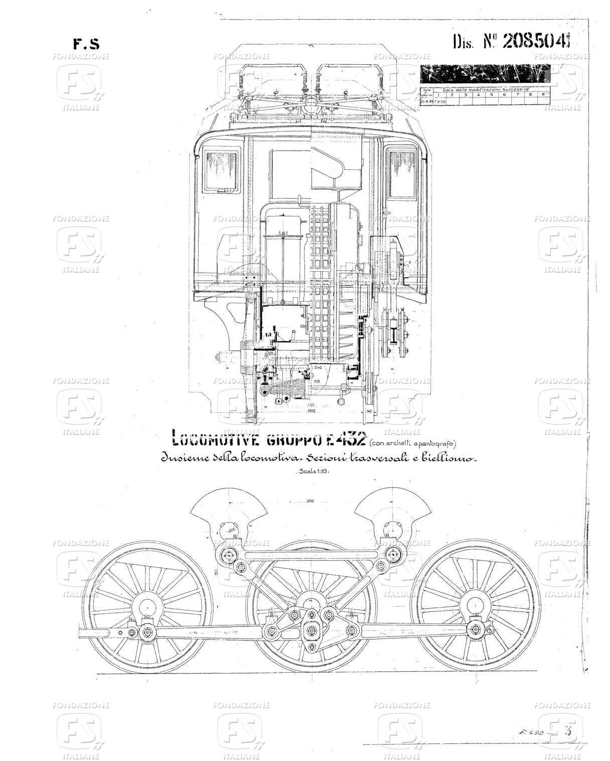 Locomotive Gruppo E 432 (con archetti a pantografo) - Insieme della locomotiva; sezioni trasversali e biellismo.