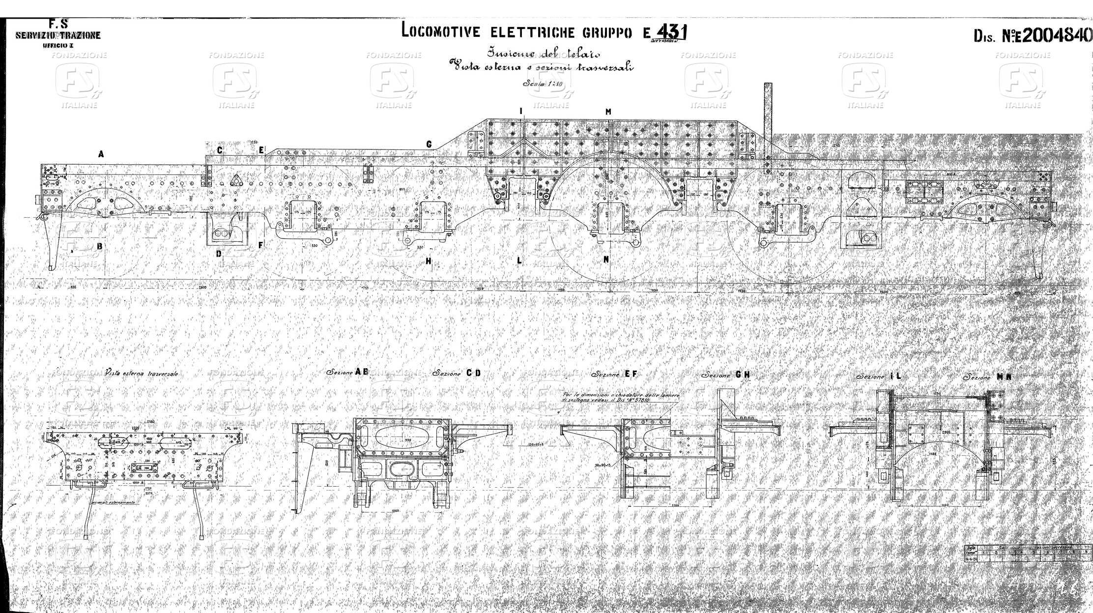 Locomotive Elettriche Gruppo E 431 - Insieme del telaio. Vista esterna e sezioni trasversali.