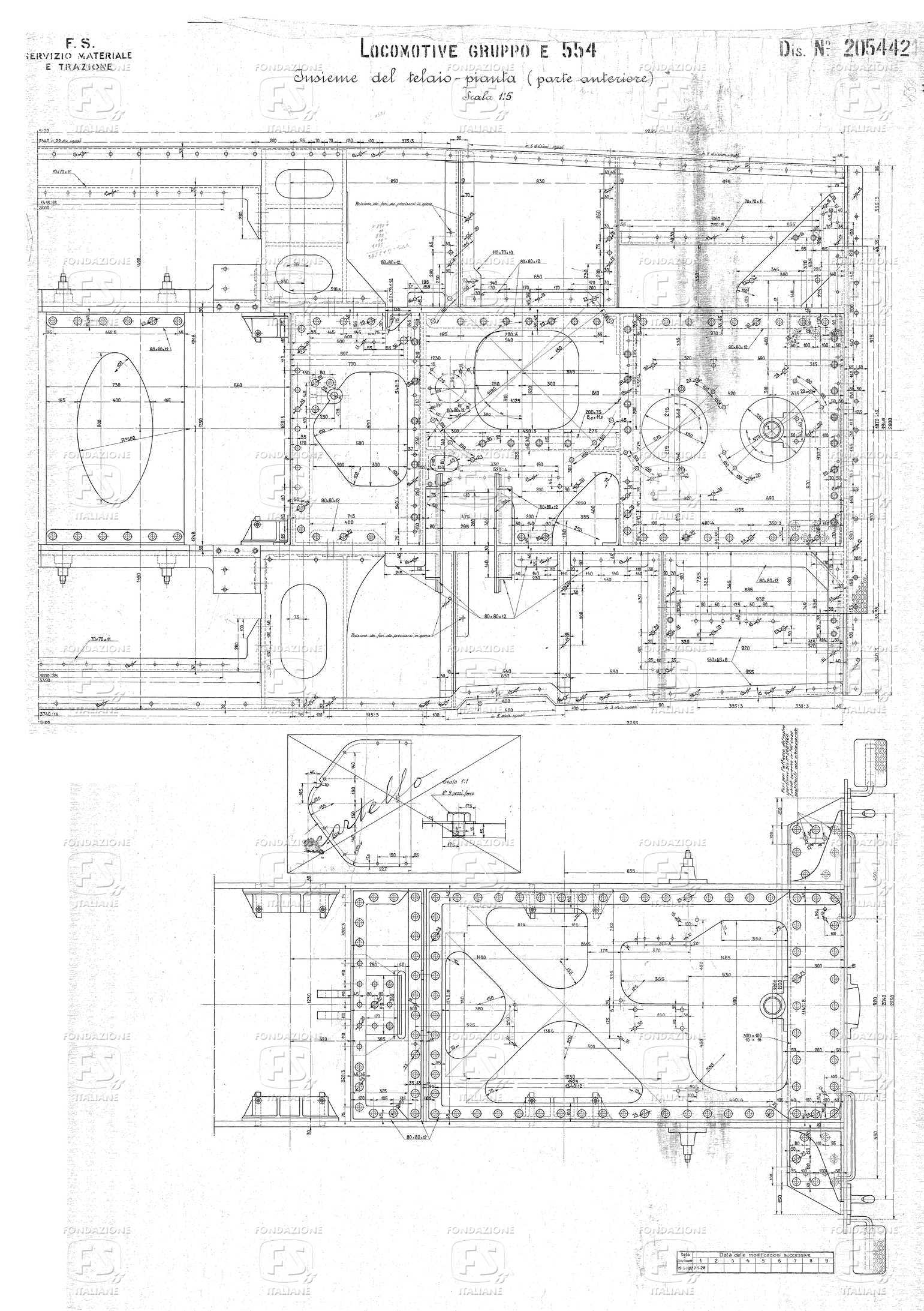 Locomotive Gruppo E 554. Insieme del telaio - Pianta (parte anteriore).