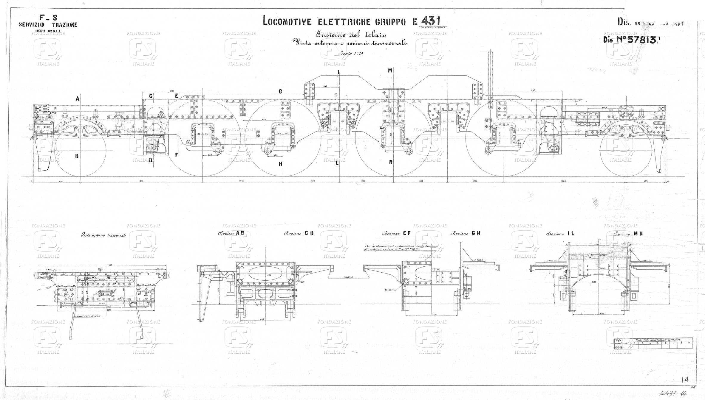 Locomotive elettriche Gruppo E 431 dal n. E 431.001 al n. E 431.025 - Insieme del telaio. Vista esterna e sezioni trasversali.