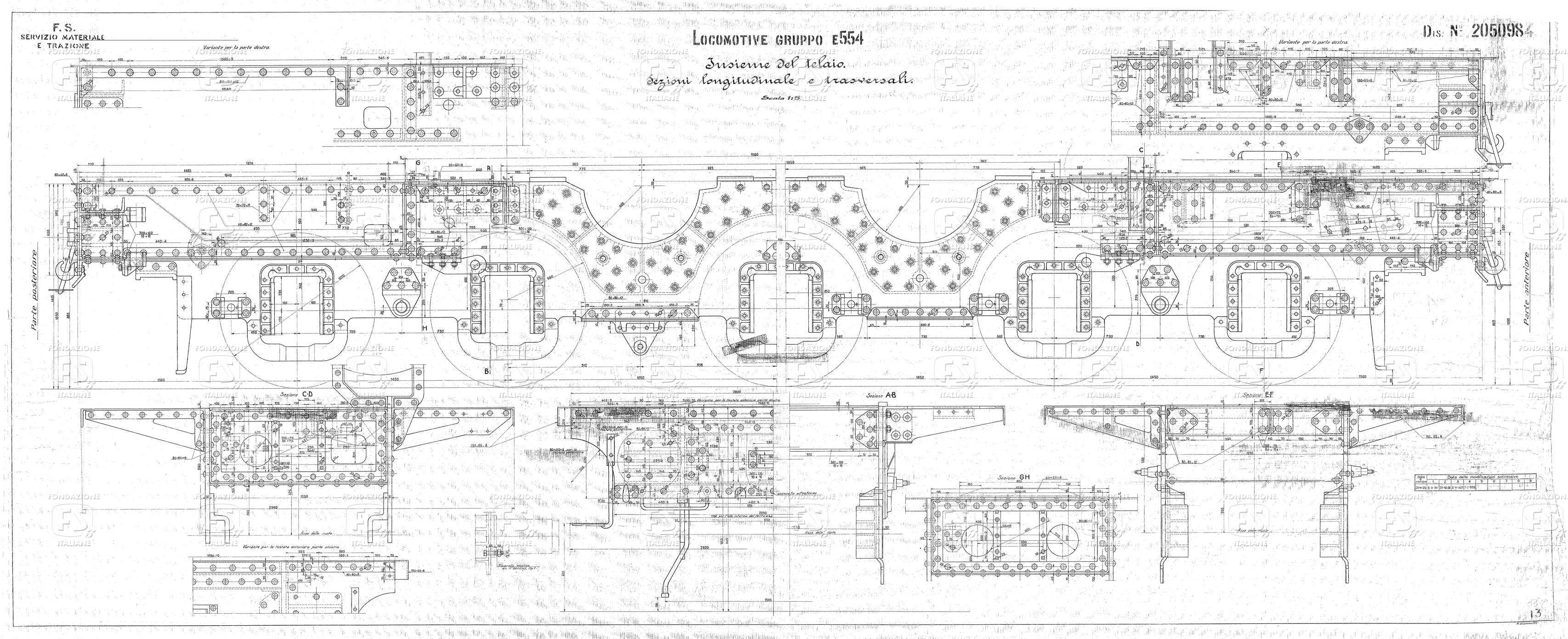 Locomotive Gruppo E 554. Insieme del telaio. Sezioni longitudinale e trasversale.