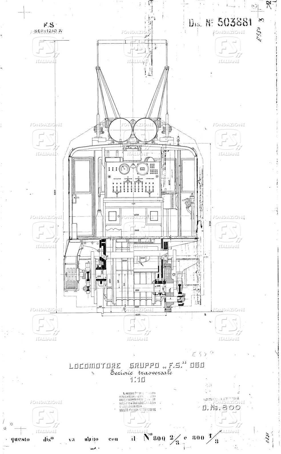 Locomotore Gruppo FS 050. Sezione trasversale.