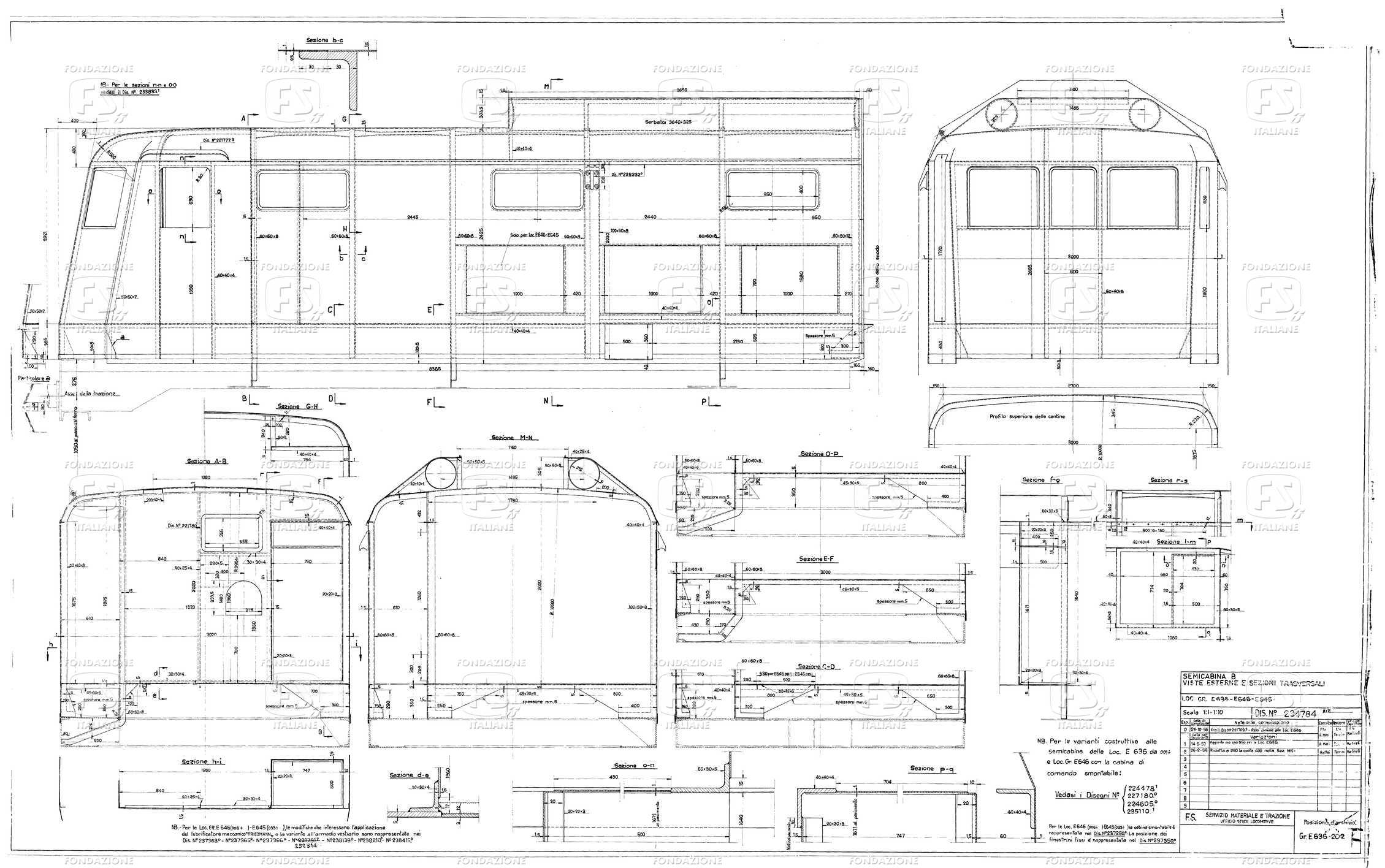 Locomotive gruppo E 636; E 646; E 645 - Semicabina B - Viste esterne e sezioni trasversali