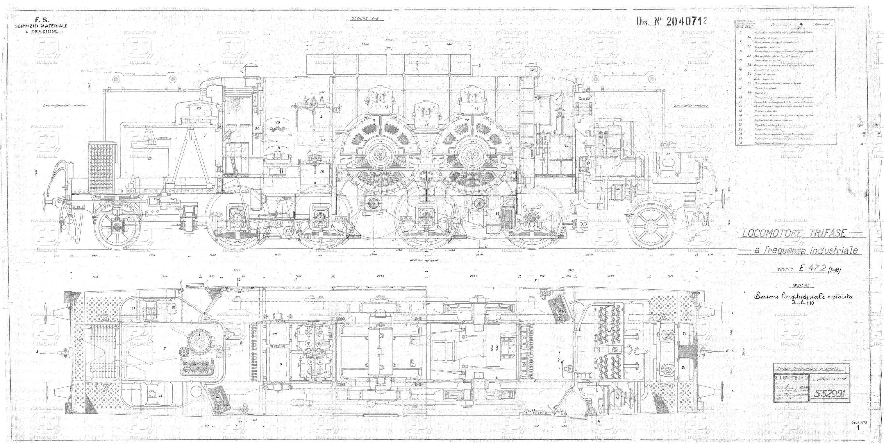 Locomotore trifase a frequenza industriale Gruppo E 472. Sezione longitudinale e pianta.