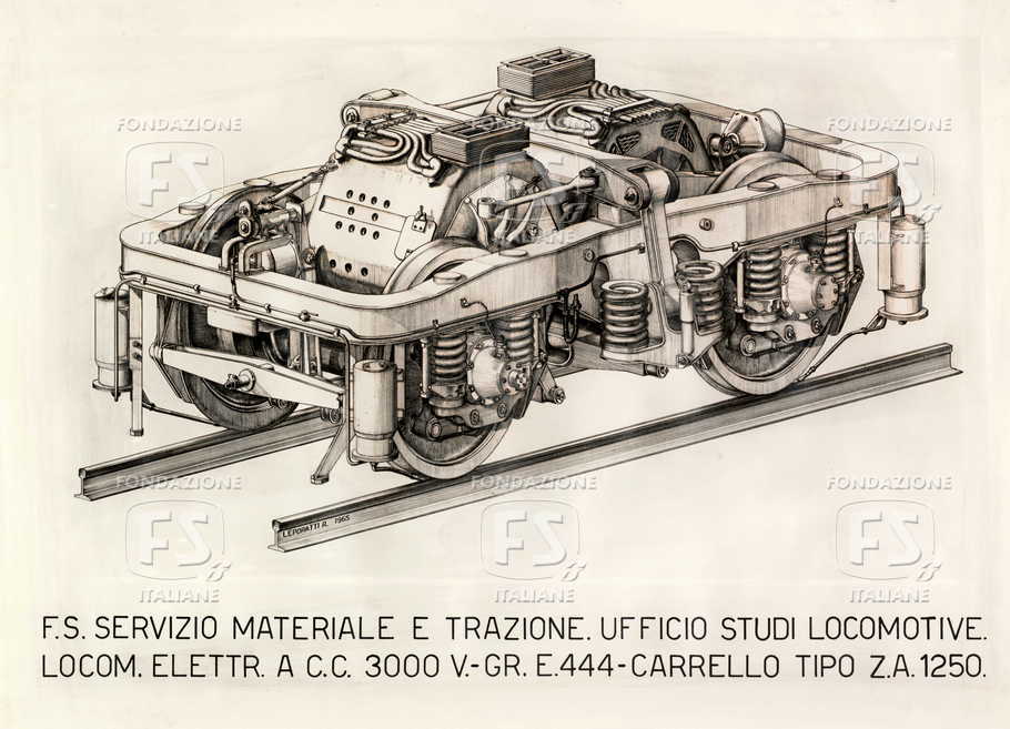 F.S. Servizio Materiale e Trazione. Ufficio Studi Locomotive. Locomotiva elettrica a c.c. 3000 V  - Gr. E 444 - Carrello tipo ZA 1250