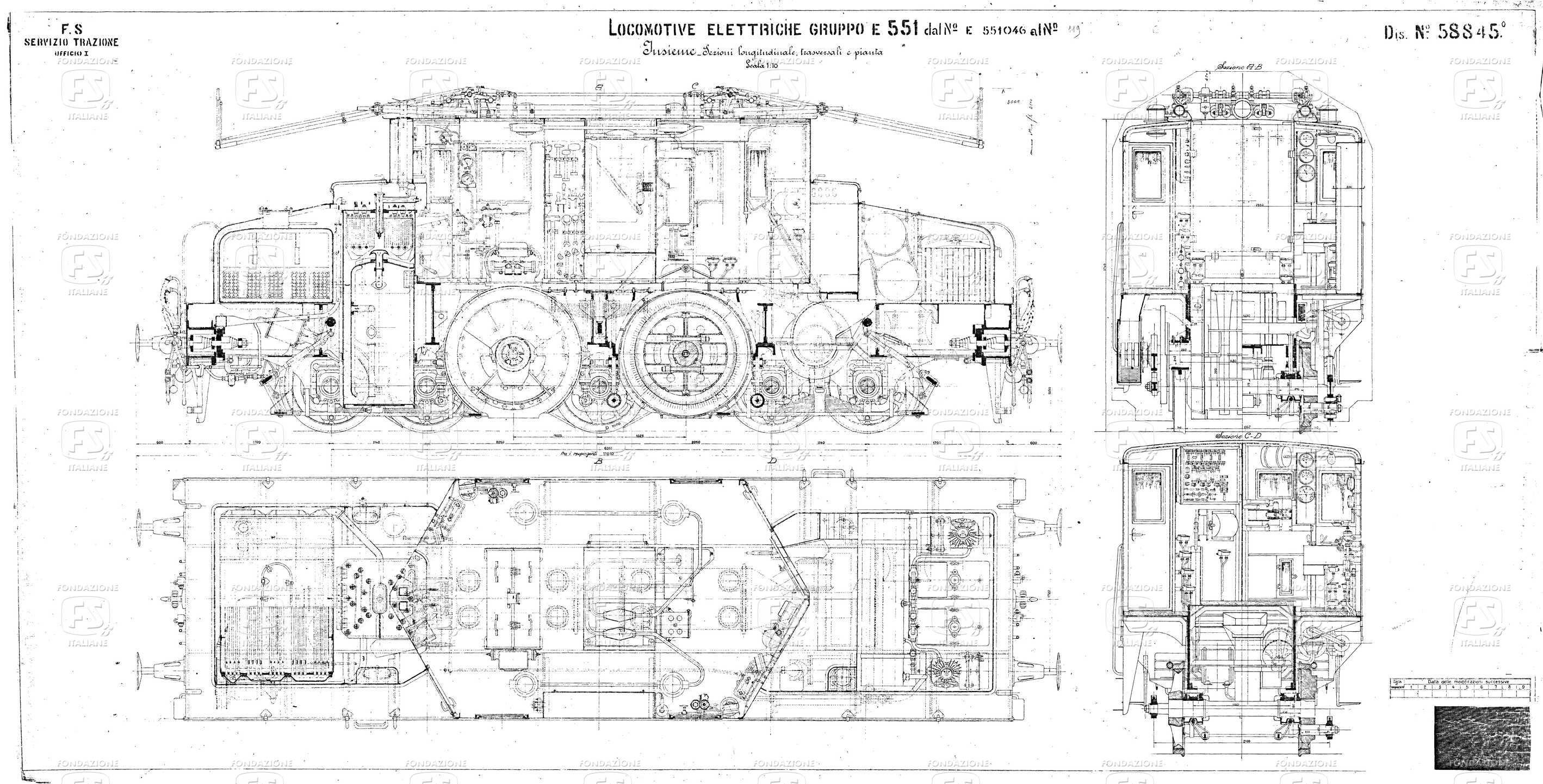 Locomotive elettriche Gruppo E 551 dal N. 551.046. Insieme, sezioni longitudinaali, trasversali e pianta..