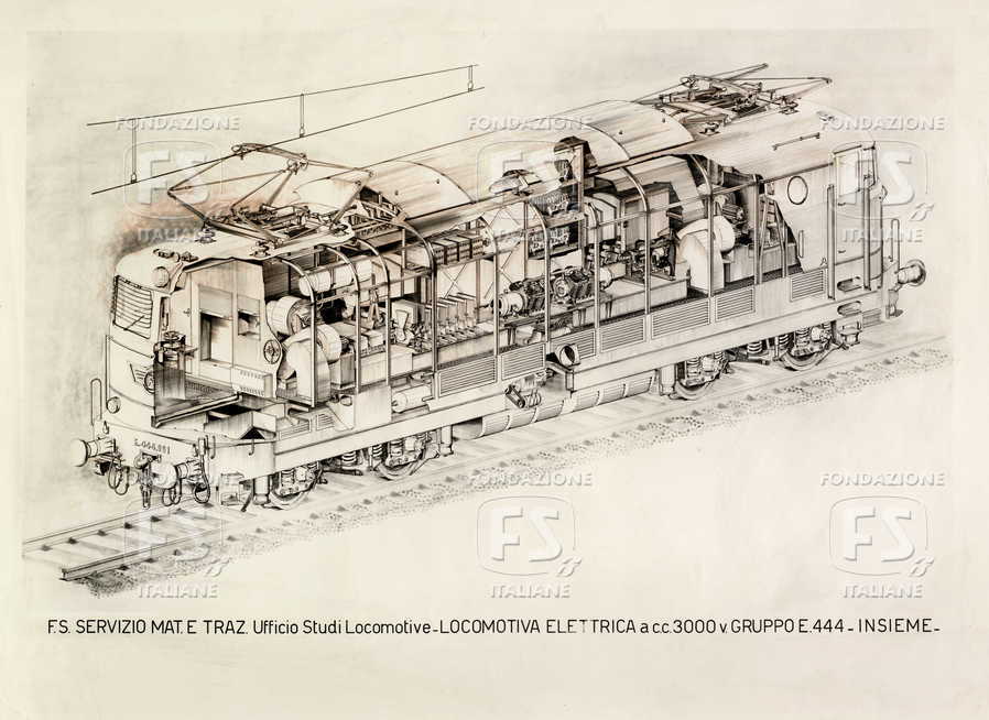 F.S. Servizio Materiale e Trazione. Ufficio Studi Locomotive. Locomotiva elettrica a c.c. 3000 V  - Gr. E 444 - Insieme