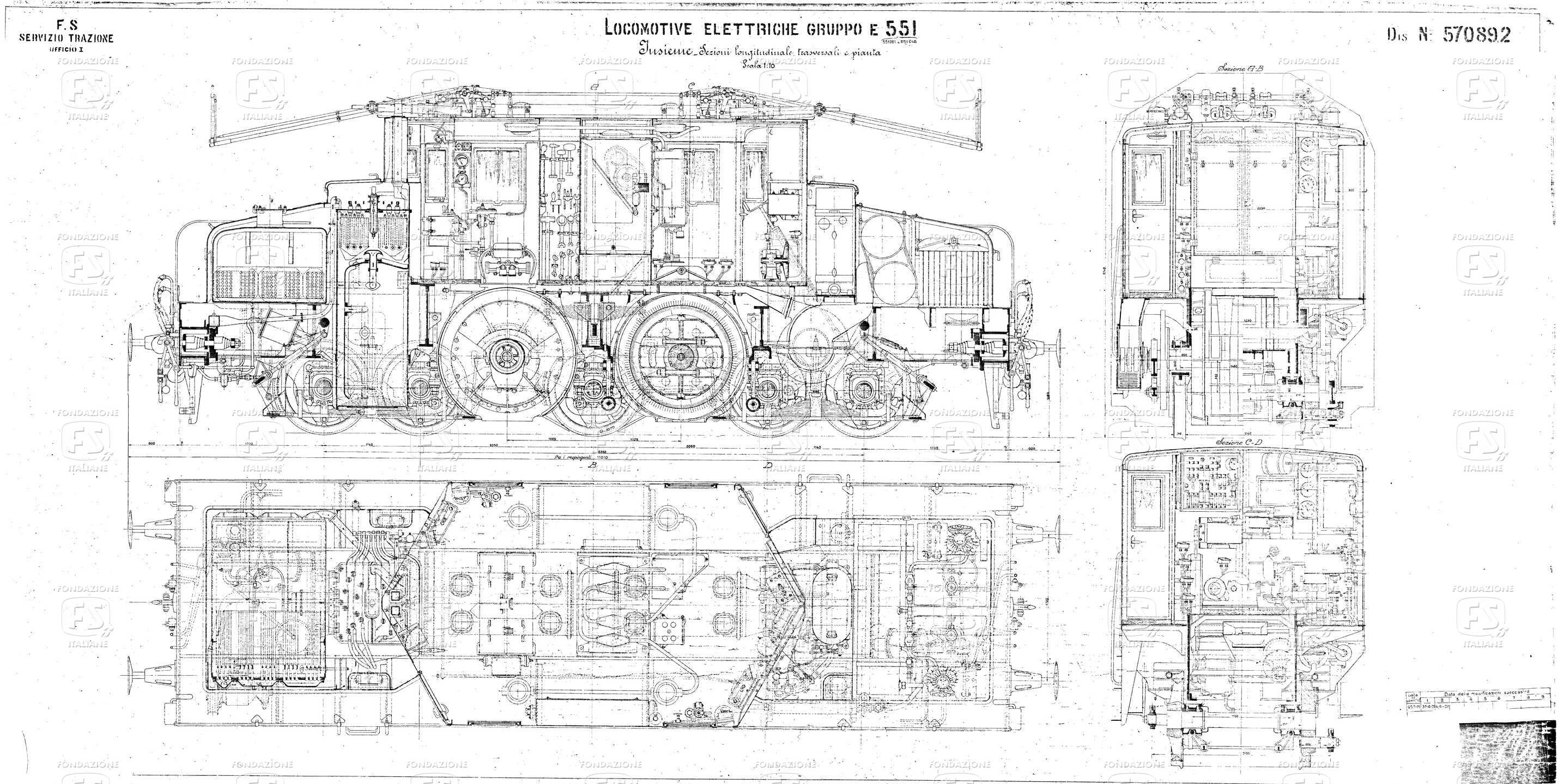 Locomotive elettriche Gruppo E 551. Insieme, sezioni longitudinaali, trasversali e pianta..