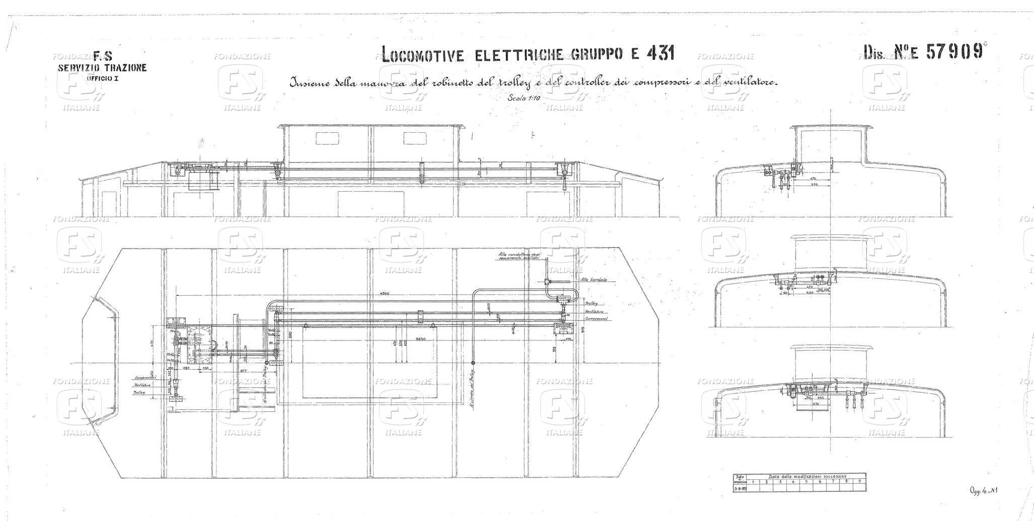 Locomotive Elettriche Gruppo E 431 - Insieme della manovra del robinetto del trolley e del controller dei compressori e del ventilatore.