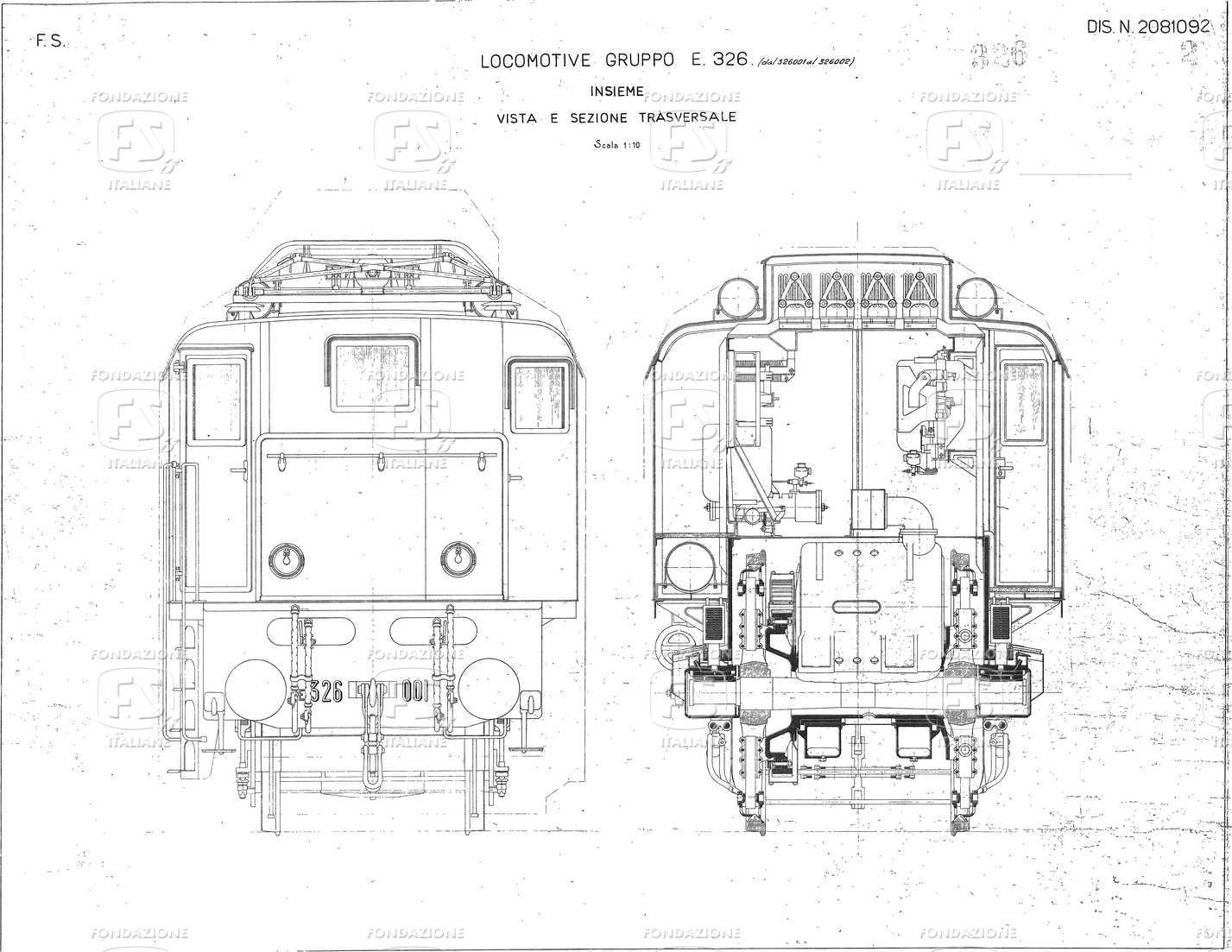 Locomotive gruppo E 326 (dal 326.001 al 326.002). Isieme. Vista e sezione trasversale.