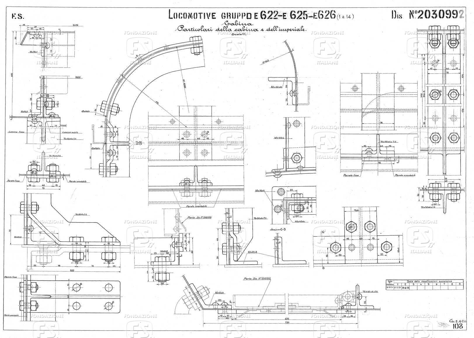 Locomotive gruppo E 622, E 625, E 626 (1 a 14) - Cabina, particolari della cabina e dell'imperiale