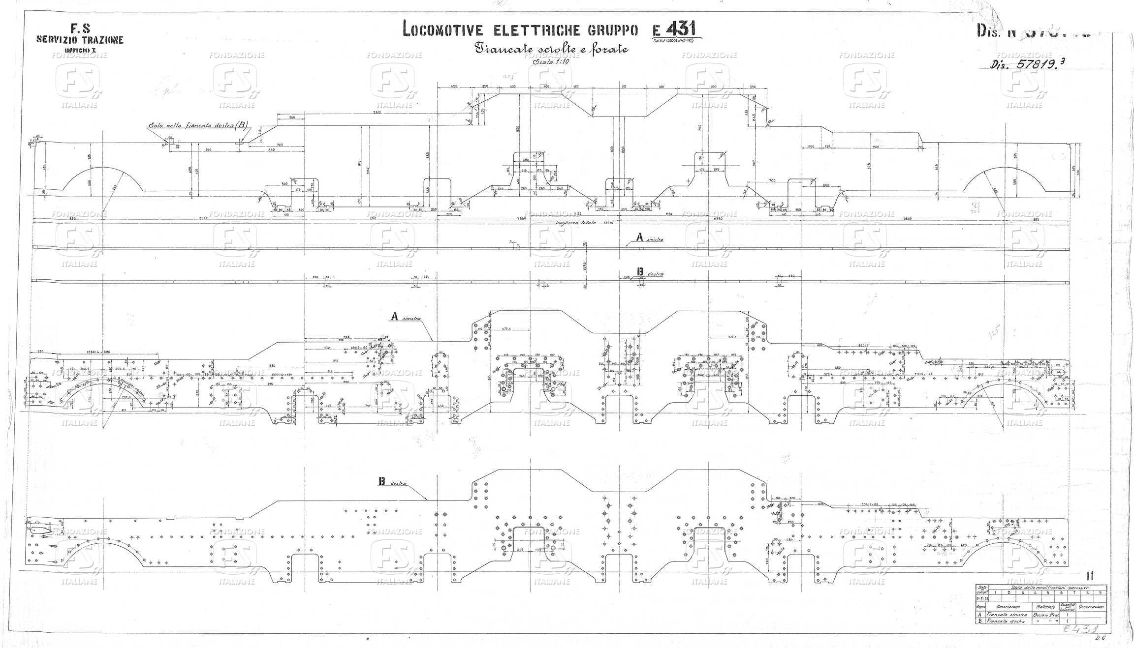 Locomotive elettriche Gruppo E 431 dal n. E 431.001 al n. E 431.025 - Fiancate sciolte e forate.