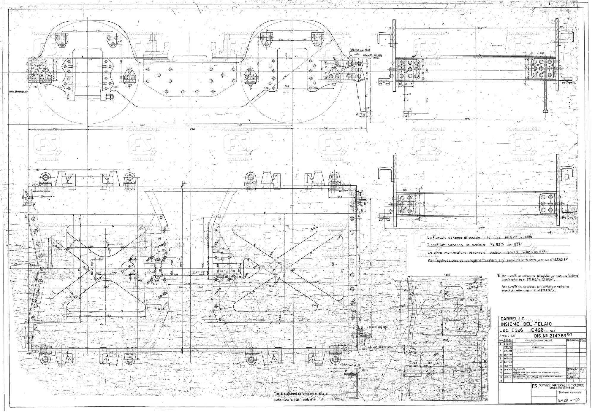 Locomotive E 326 - E428. Carrello. Insieme del telaio