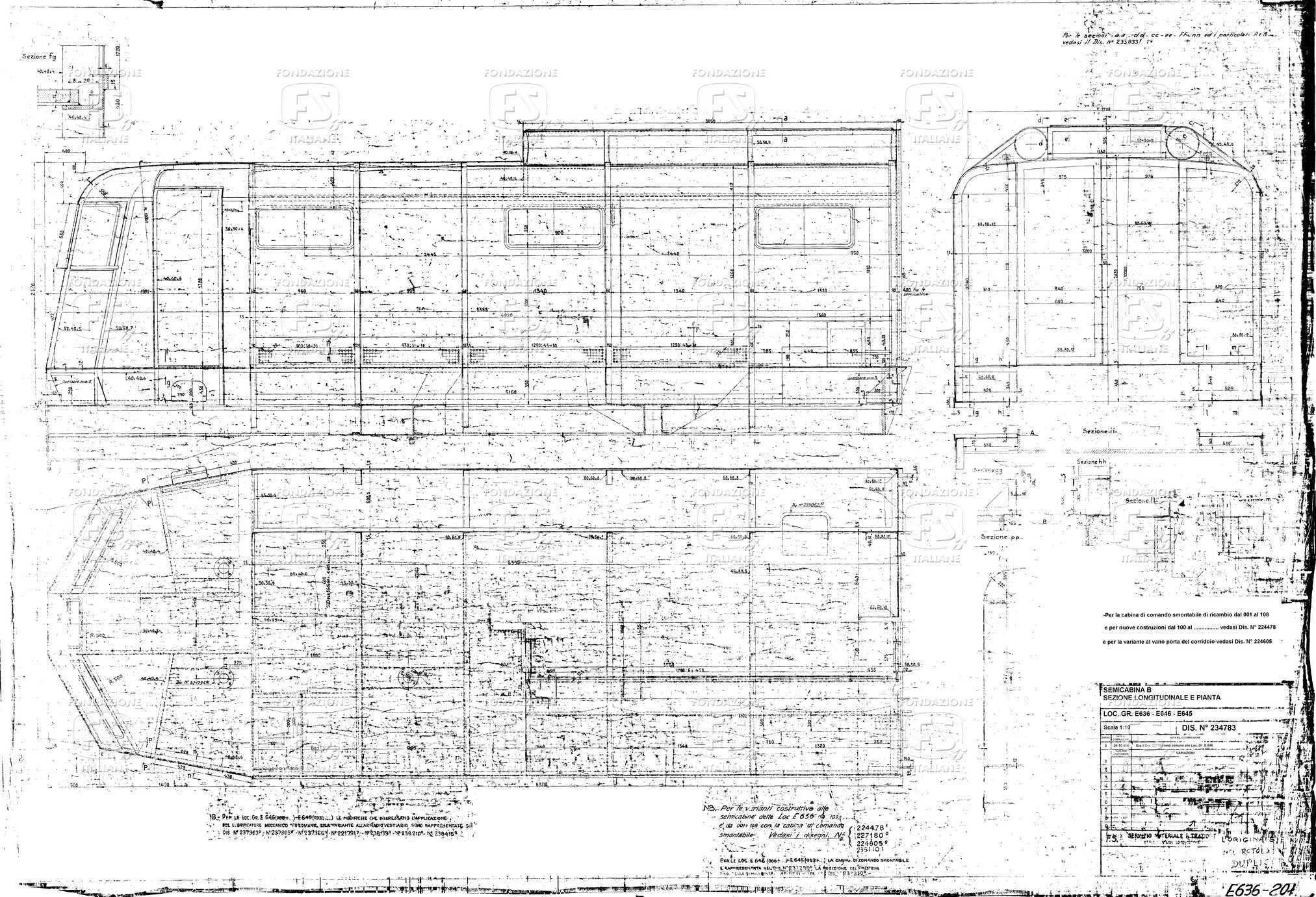 Locomotive gruppo E 636; E 646; E 645 - Semicabina B - Sezione longitudinale e pianta