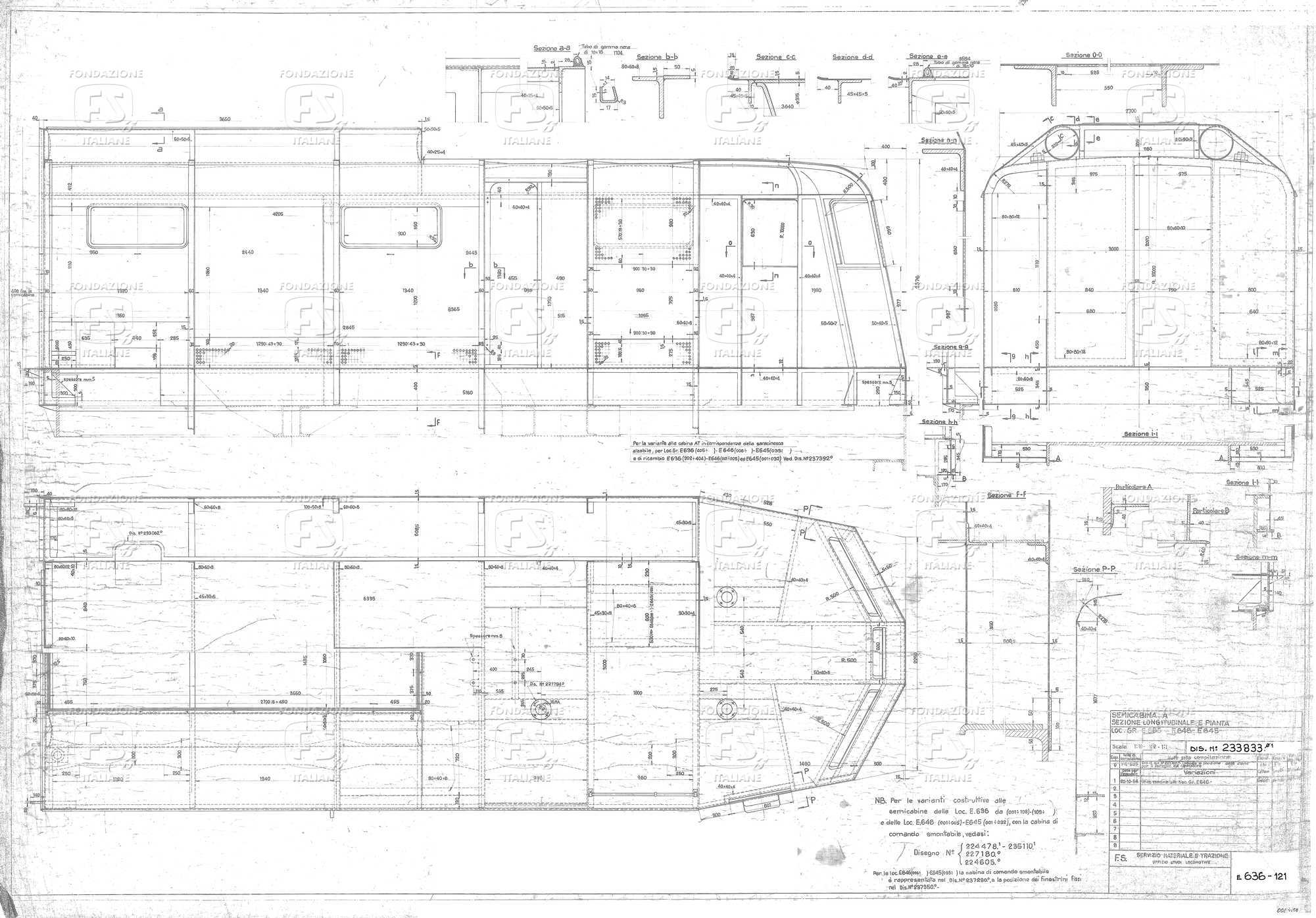 Locomotive gruppo E 636; E 646; E 645 - Semicabina A - Sezione longitudinale e pianta
