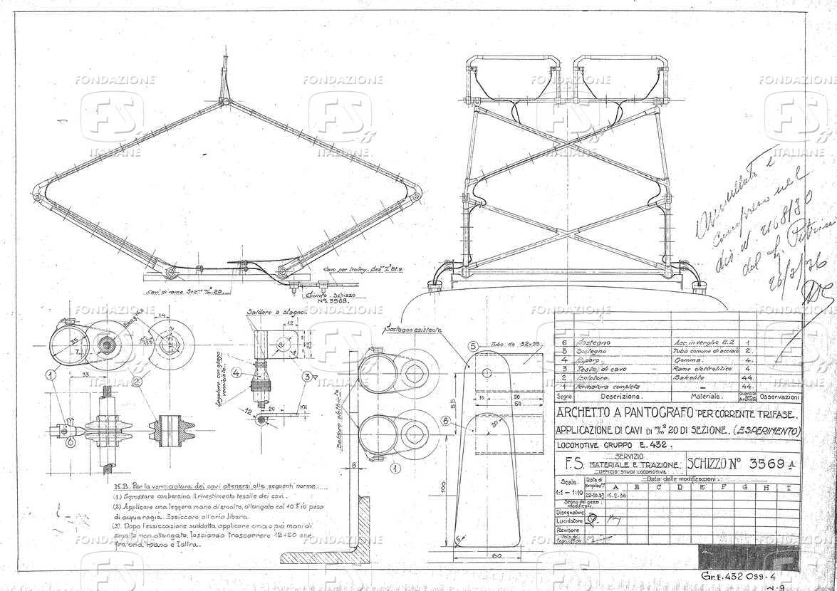 Locomotive Gruppo E 432 - Archetto a pantografo per corrente trifase. Applicazione di cavi di mmq 20 di sezione (esperimento).