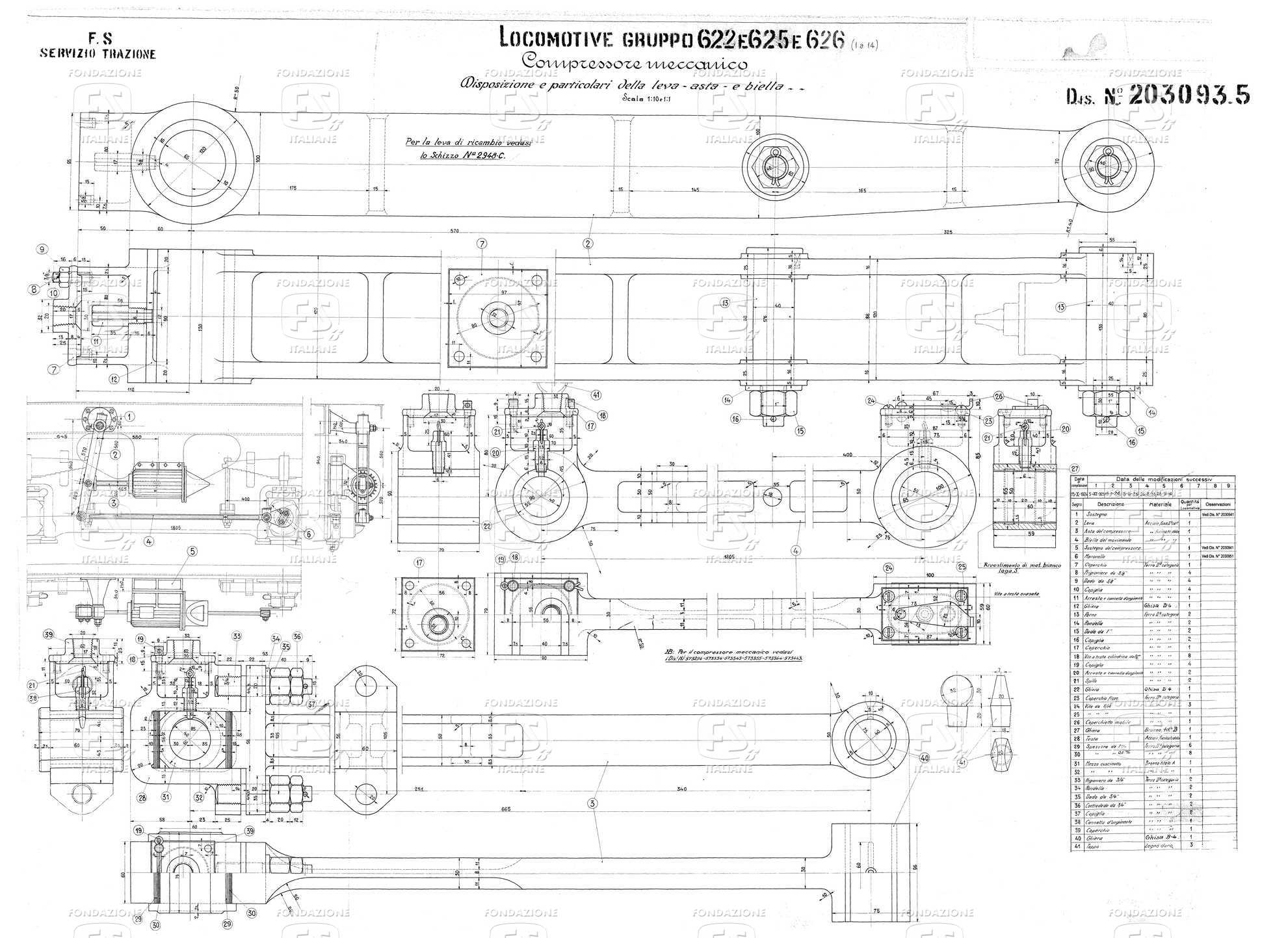 Locomotive gruppo E 622, E 625, E 626 (1 a 14) - Compressore meccanico - Disposizioni e particolari della leva, asta e biella