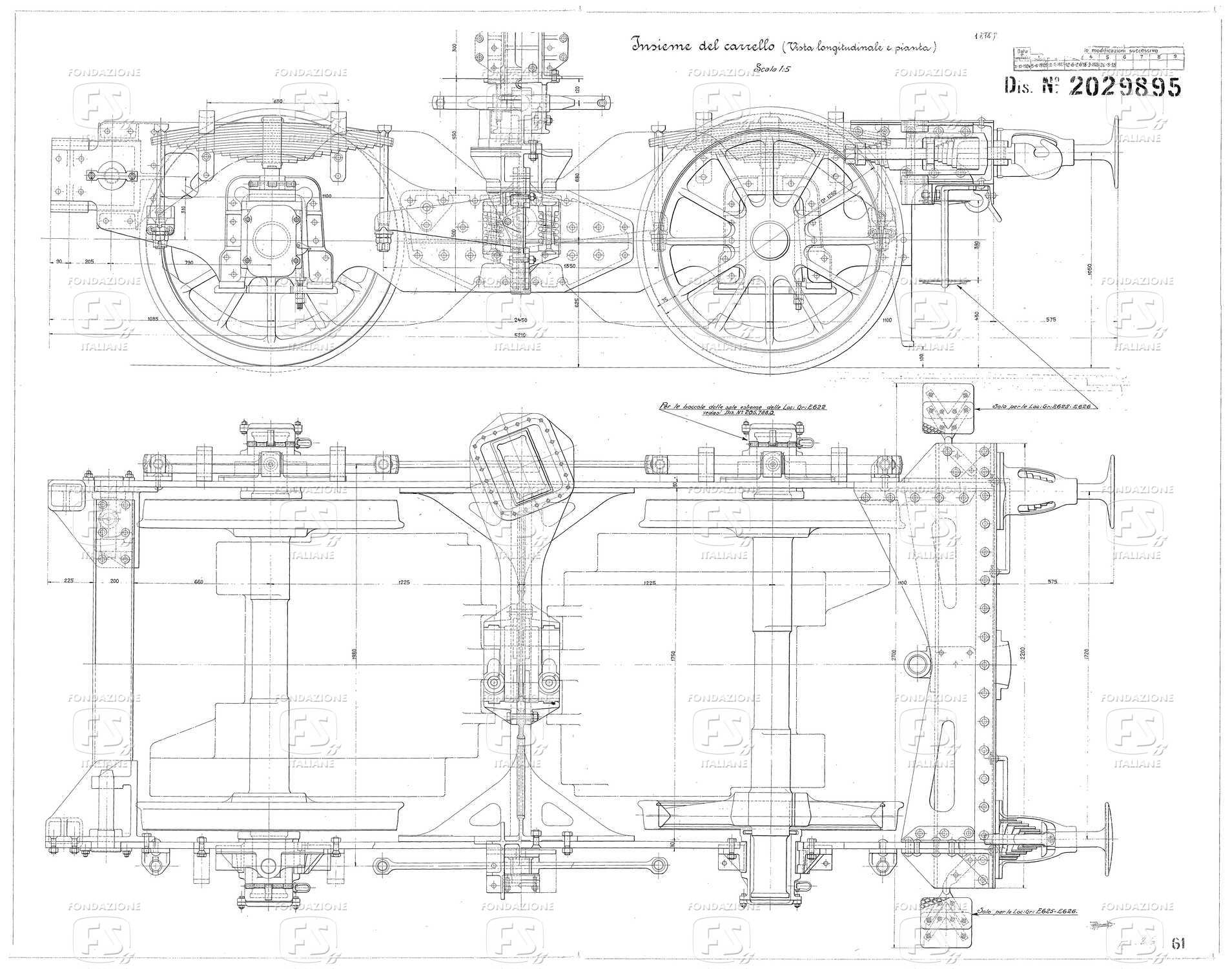 Locomotive gruppo E 626 - Insieme del carrello (vista longitudinale e pianta)