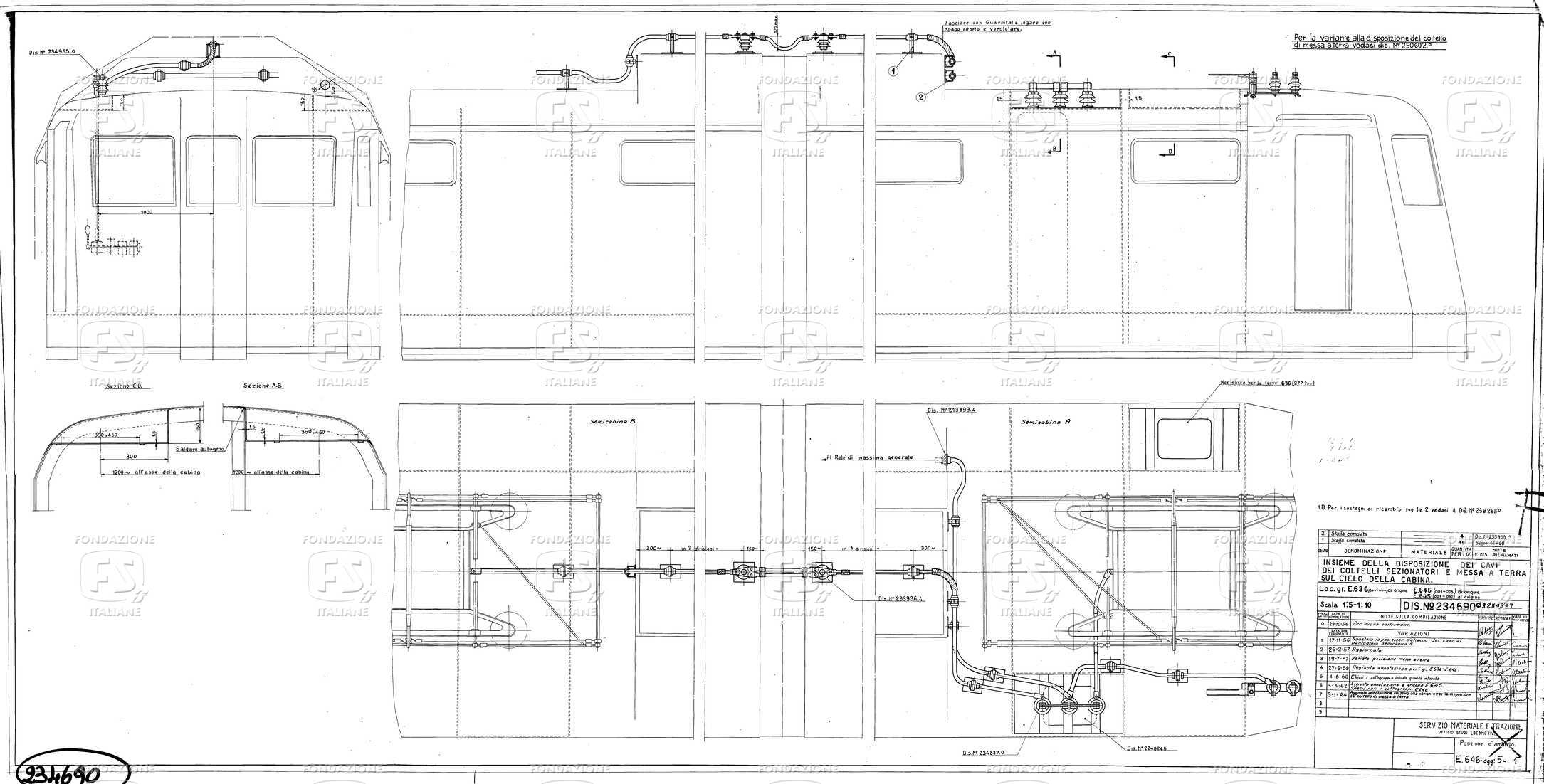 Locomotive gruppo E 636; E 646; E 645 - Insieme della disposizione dei cavi, dei coltelli sezionatori e messa a terra sul cielo della cabina