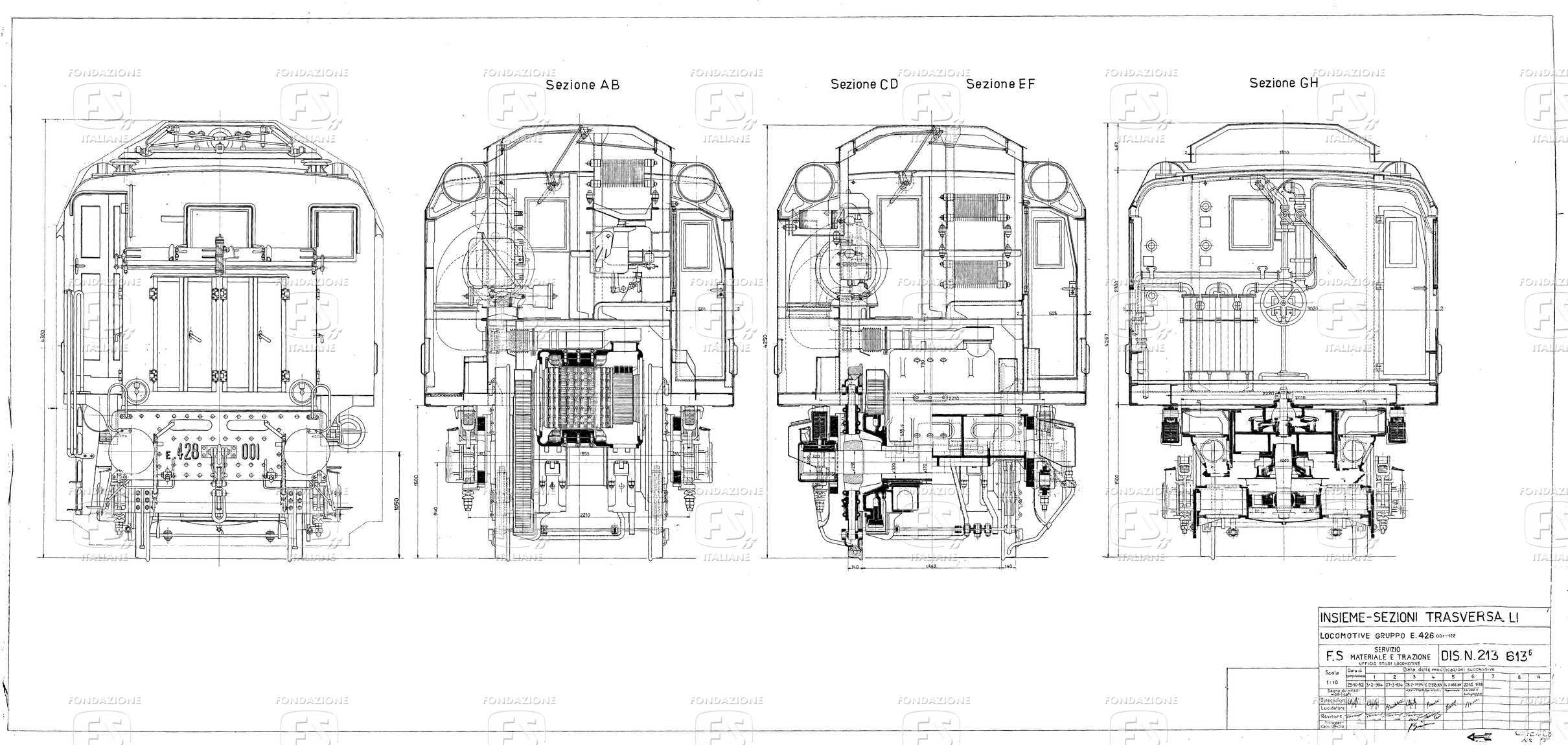 Locomotive gruppo E 428 (da 001 a 122)  - Insieme - Sezioni trasversali