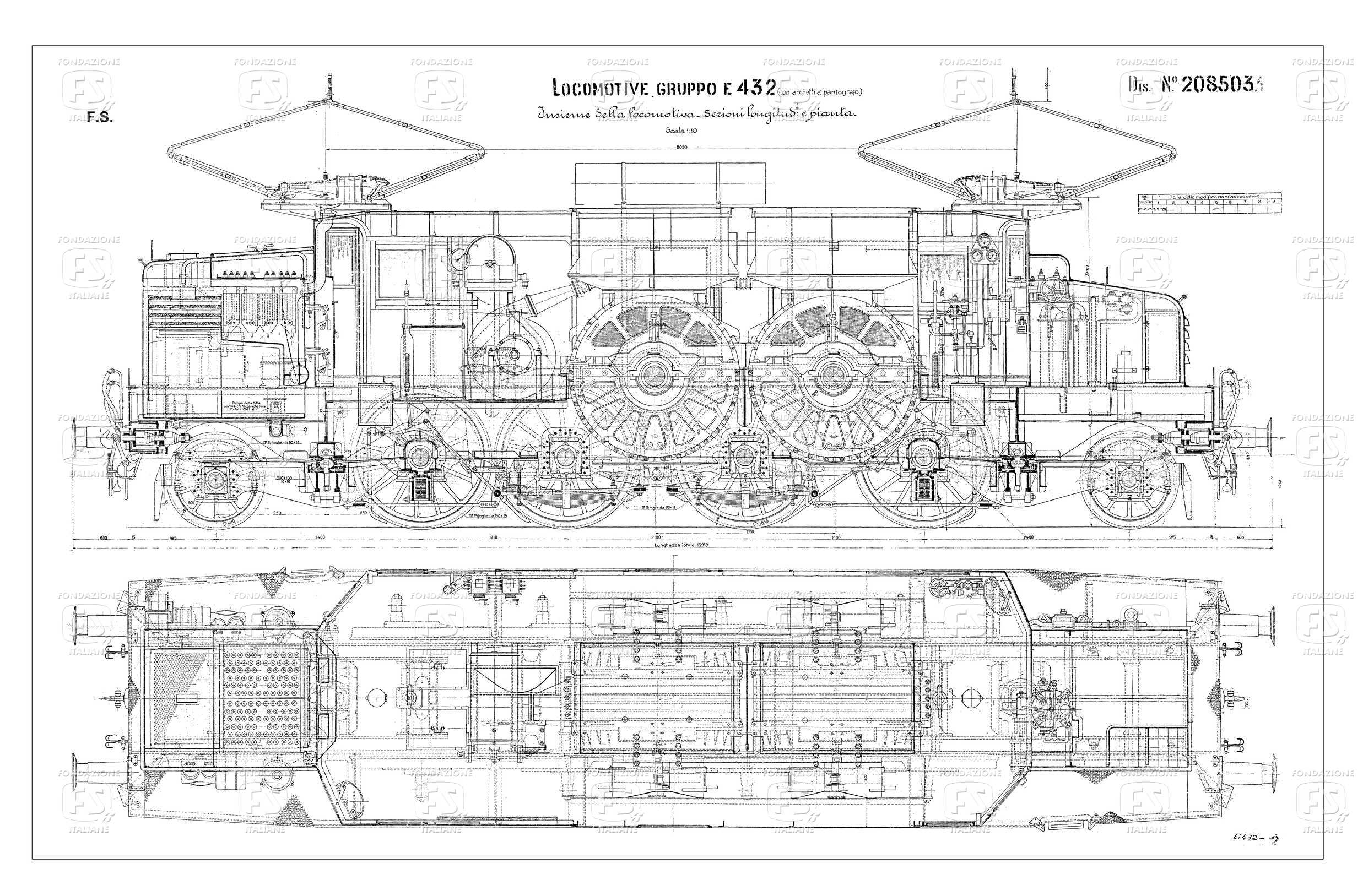 Locomotive Gruppo E 432 (con archetti a pantografo) - Insieme della locomotiva; sezioni longitudinali e pianta.