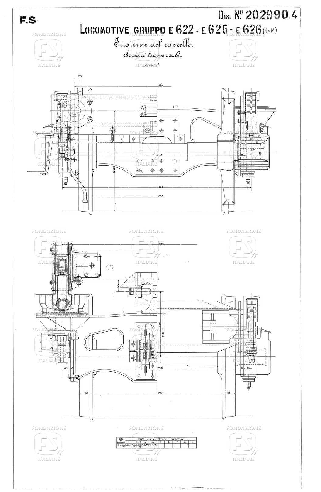 Locomotive gruppo E 622 - E 625 - E 626. Insieme del carrello. Sezioni trasversali