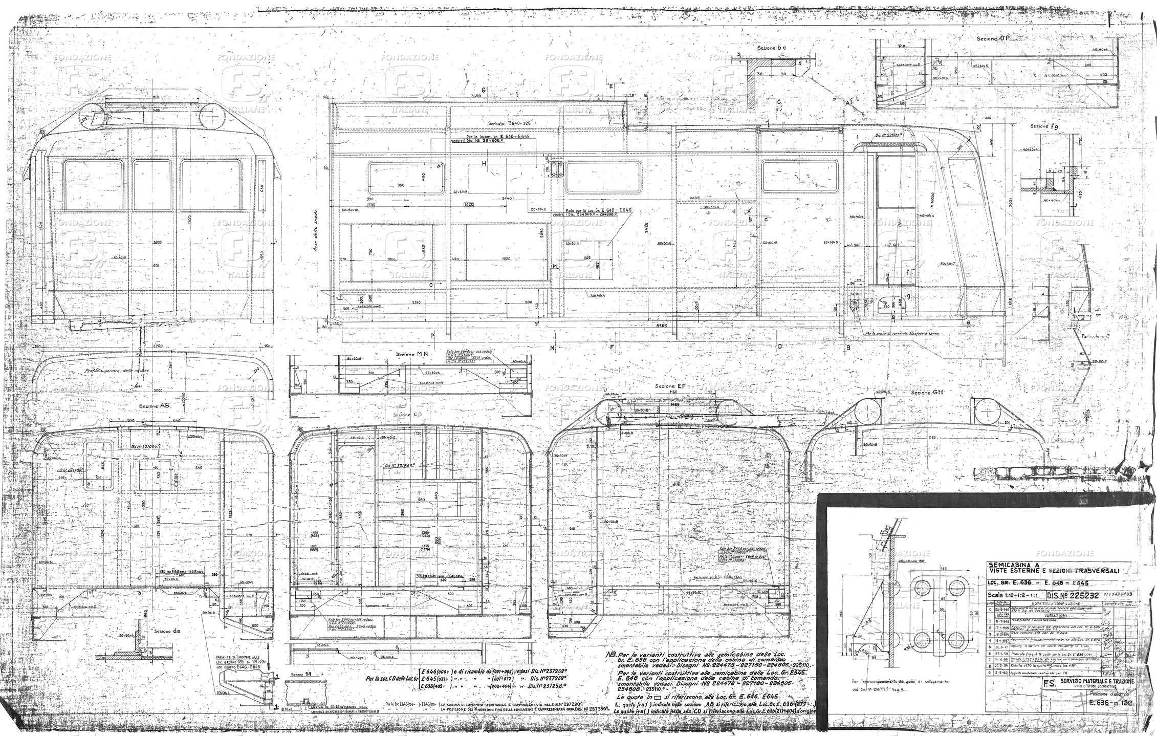 Locomotive gruppo E 636; E 646; E 645 - Semicabina a viste esterne e sezioni trasversali