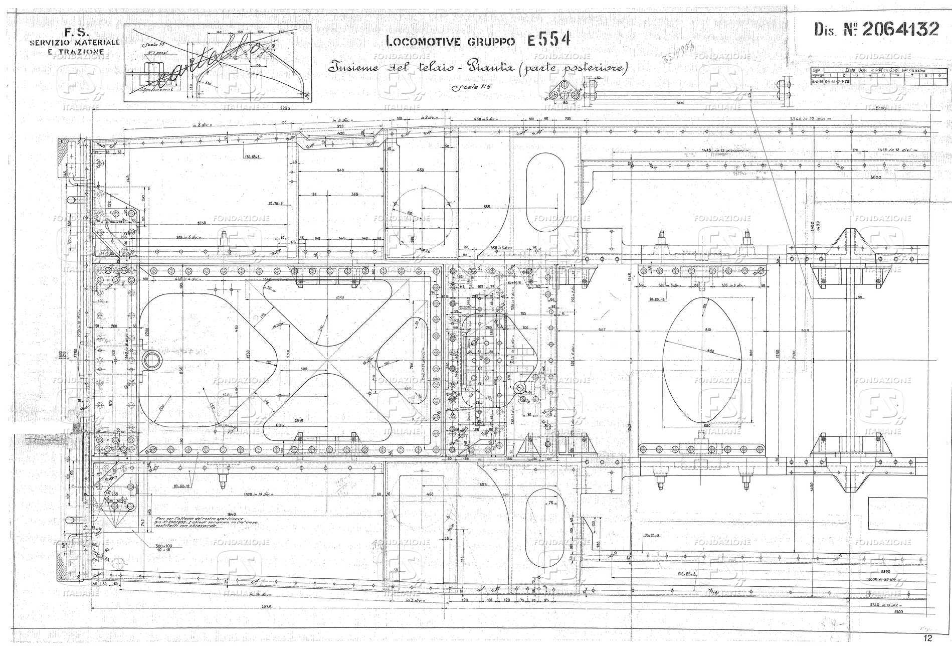 Locomotive Gruppo E 554. Insieme del telaio - Pianta (parte posteriore).