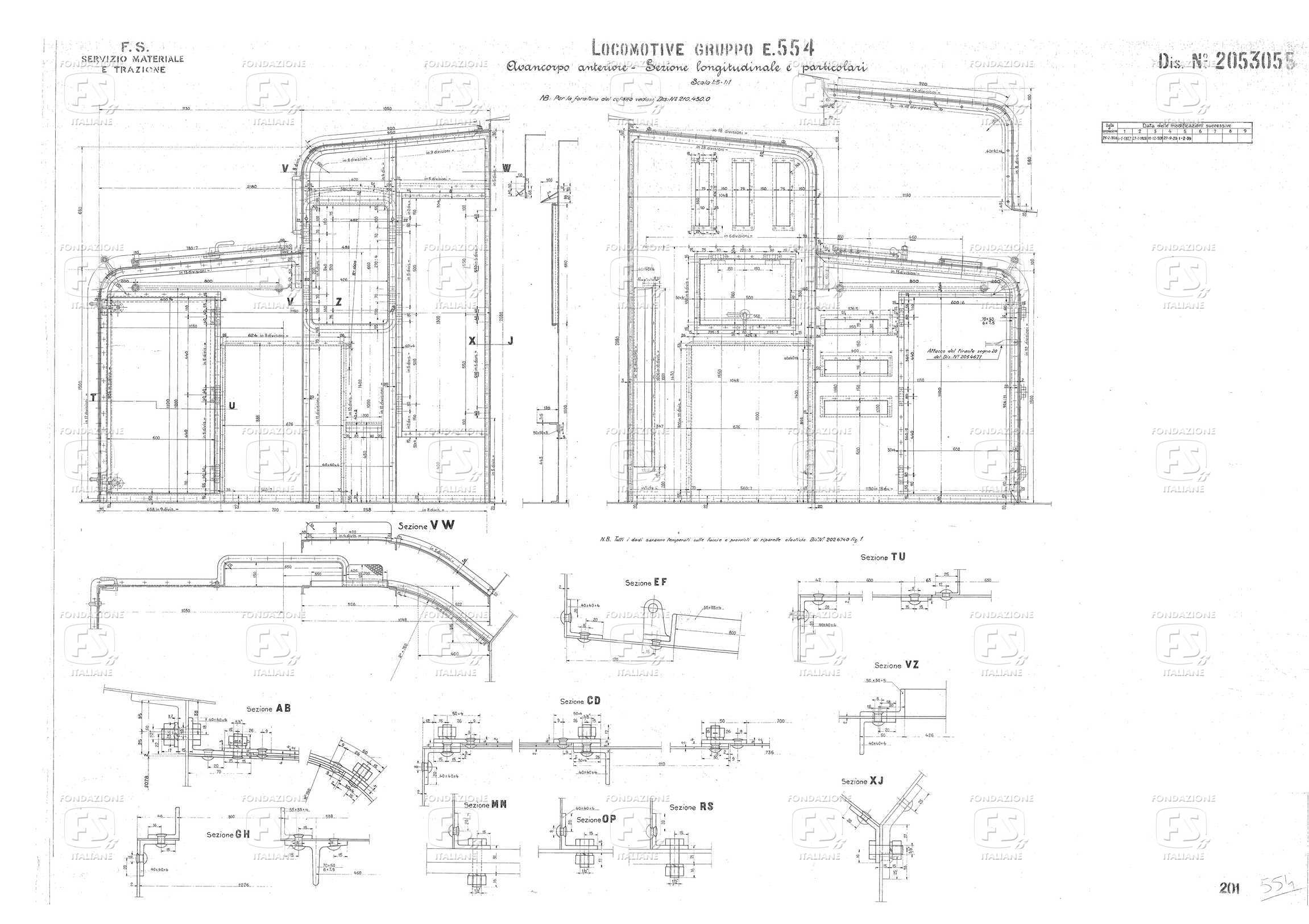 Locomotive Gruppo E 554. Avancorpo anteriore - Sezione longitudinale e particolari.