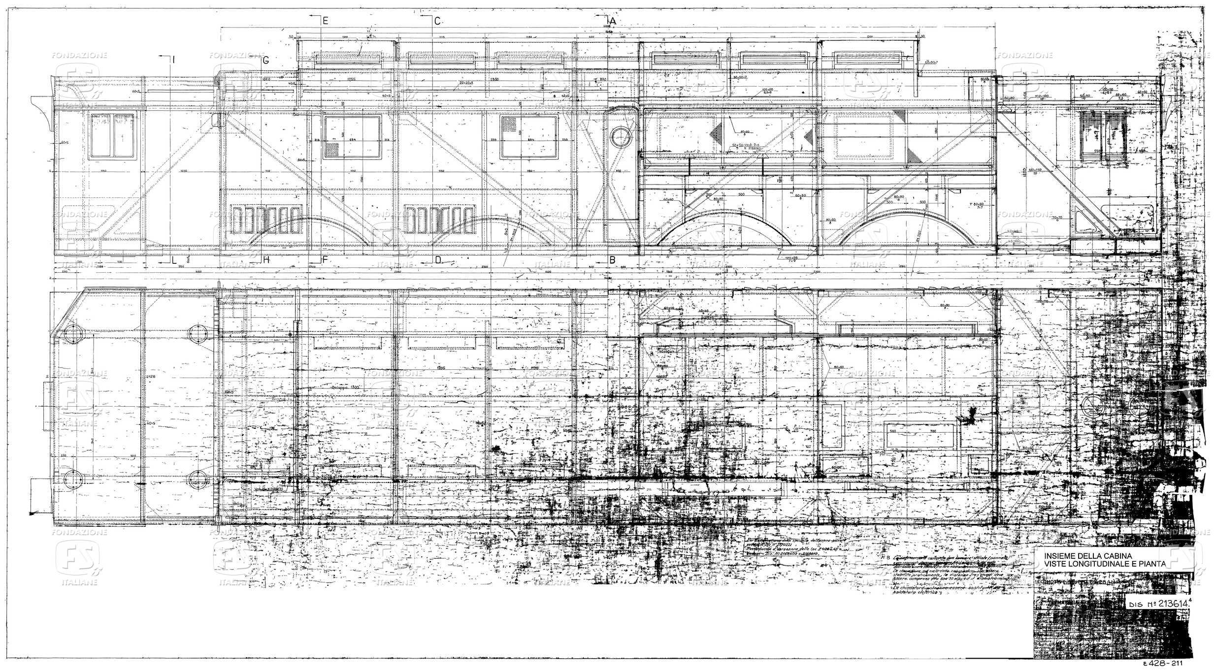 Locomotive gruppo E 428 (001 a 122)- Insieme della cabina - Viste longitudinali e pianta