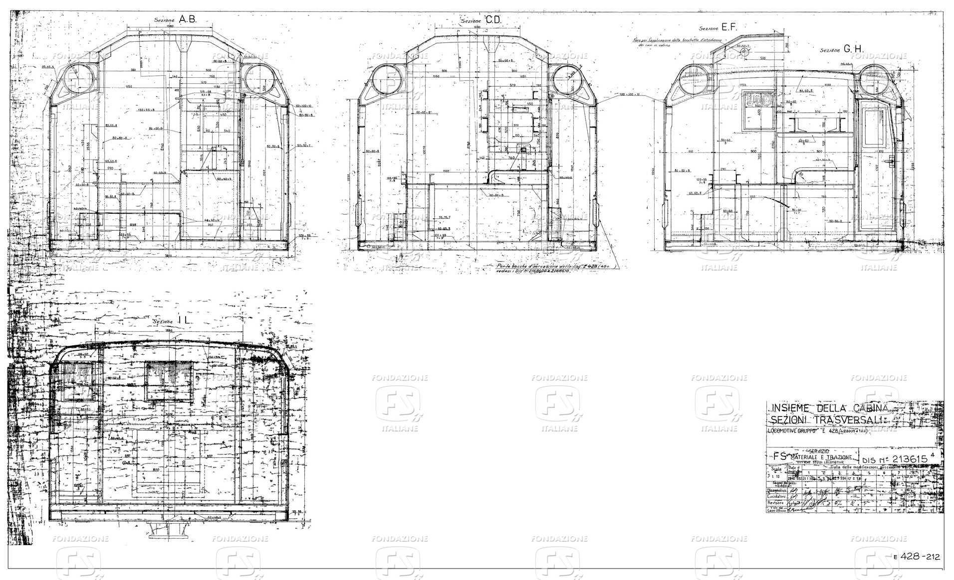 Locomotive gruppo E 428 (001 a 122) - Insieme della cabina - Sezioni trasversali