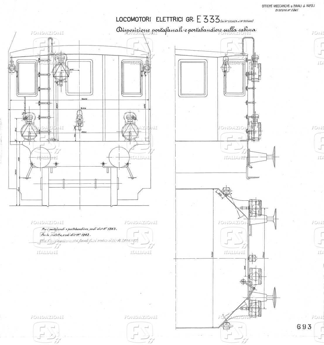 Locomotori elettrici Gruppo E 333 (dal N. 333.029-333.040) - Disposizione portafanali e portabandiere sulla cabina.