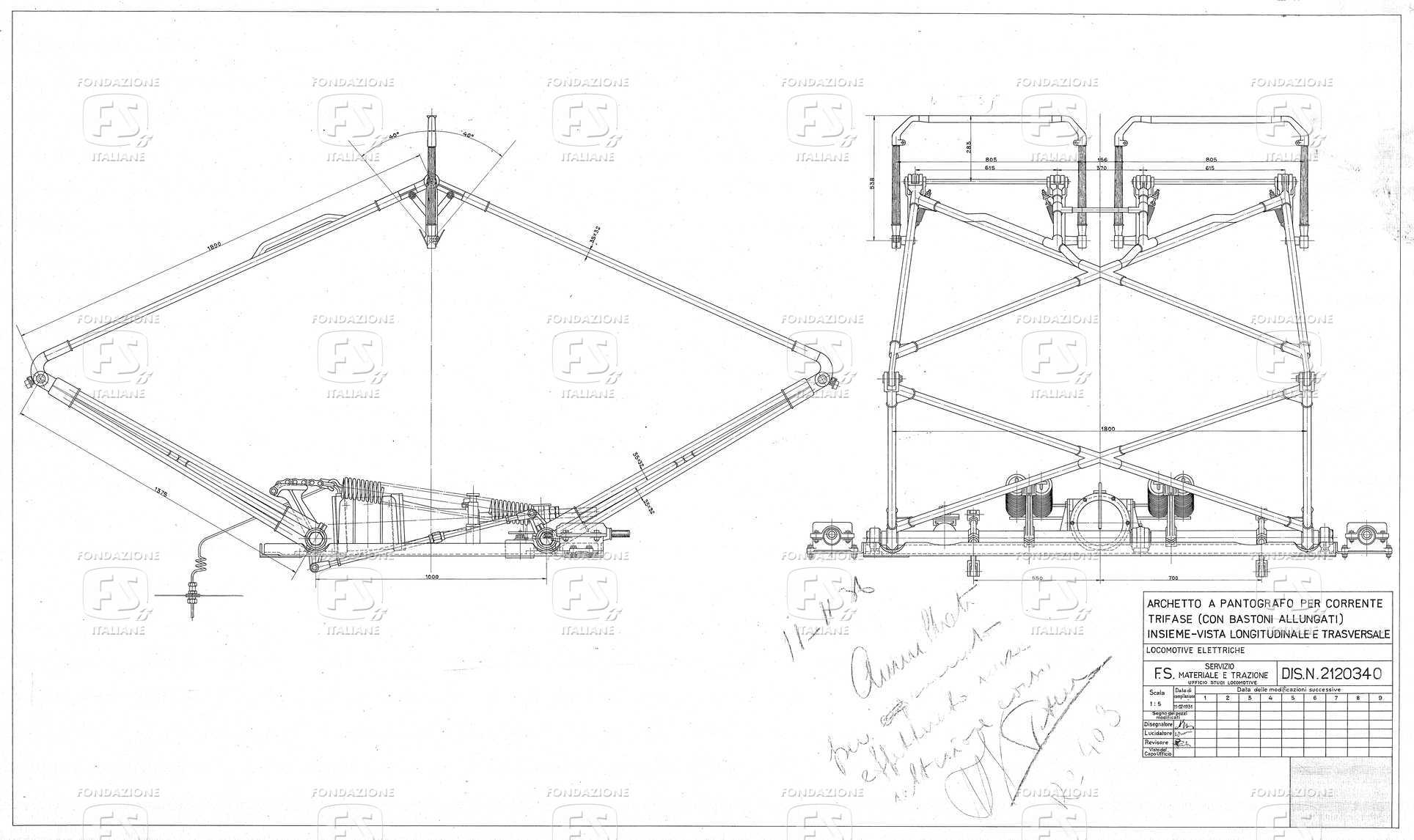 Locomotive elettriche - Archetto a pantografo per corrente trifase (con bastoni allungati). Insieme, vista longitudinale e trasversale.