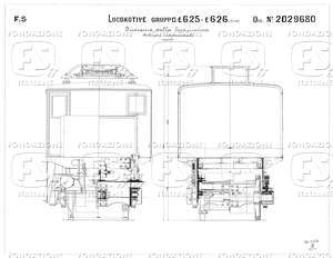 Locomotive gruppo E 625 - E 626. Insieme della locomotiva. Sezioni trasversali.