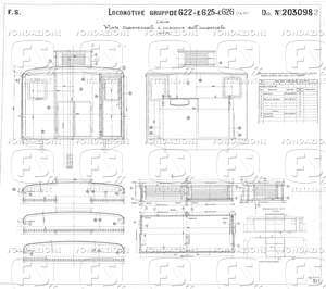 Locomotive gruppo E 622, E 625, E 626 (1 a 14) - Cabina, viste trasversali e insieme dell'imperiale