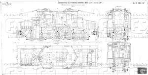 Locomotive elettriche Gruppo E 551 dal N. 551.046. Insieme, sezioni longitudinaali, trasversali e pianta..