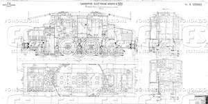 Locomotive elettriche Gruppo E 551. Insieme, sezioni longitudinaali, trasversali e pianta..