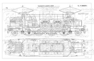 Locomotive Gruppo E 432 (con archetti a pantografo) - Insieme della locomotiva; sezioni longitudinali e pianta.